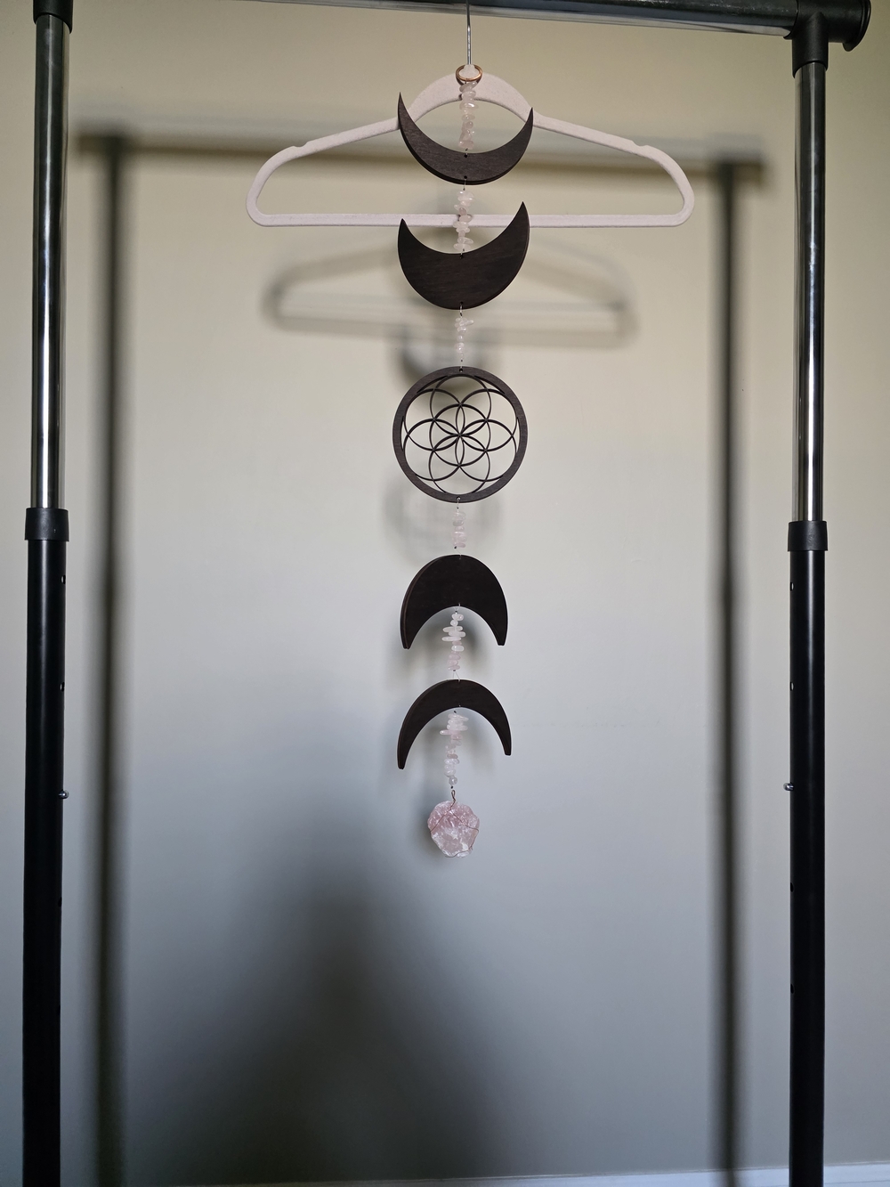Handcrafted Moon Phase Wall Hanging with Rose Quartz & Copper Accents